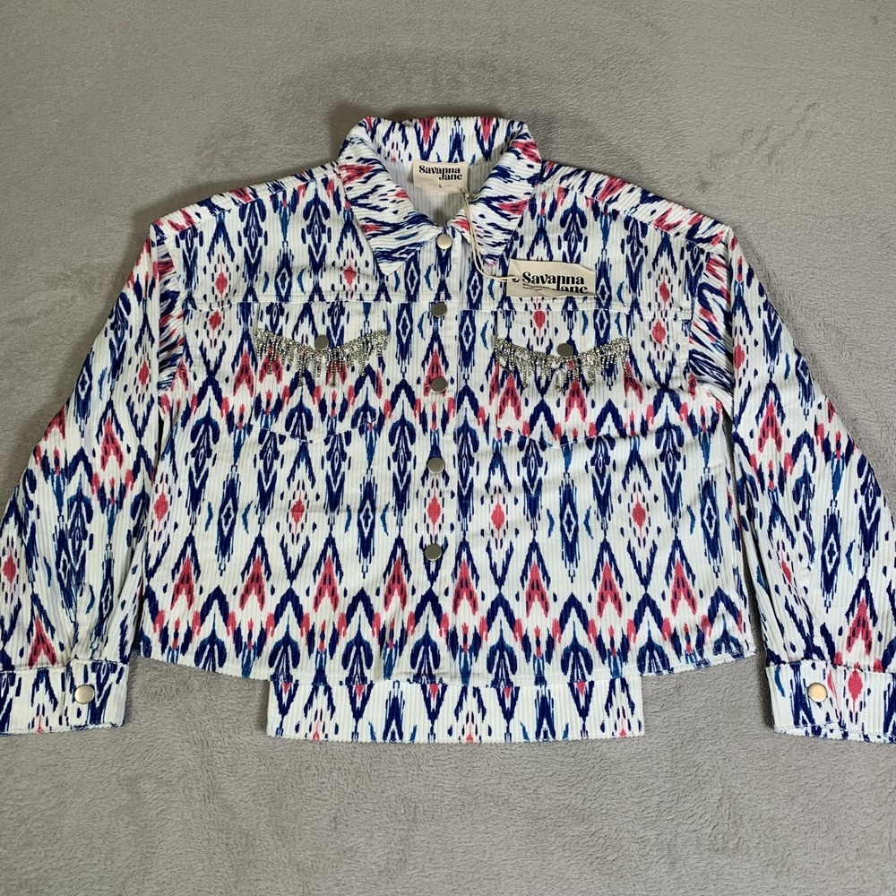 Savanna Jane Jacket Womens Large Blue Pink Corduroy Rhinestone Fringe Boho NEW